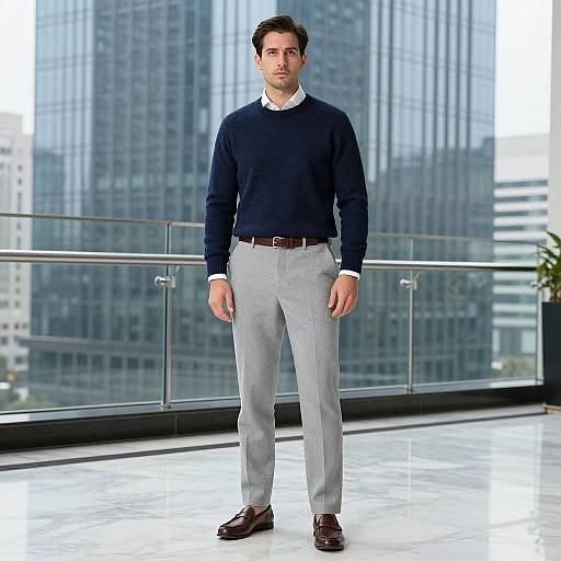 Photograph of a handsome, brown-haired man in a navy sweater, white shirt, gray slacks, brown belt, and brown loafers, standing