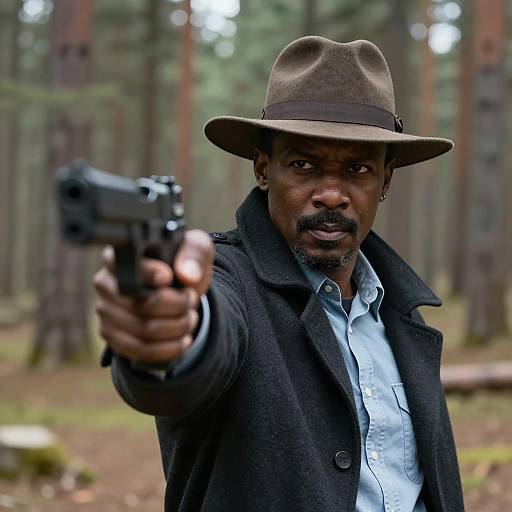 Serious Man with Gun in Forest