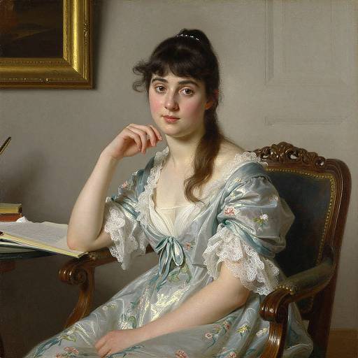 Photorealistic painting of a young Caucasian woman with fair skin and dark hair, wearing a delicate blue floral dress, seated in an ornate chair,