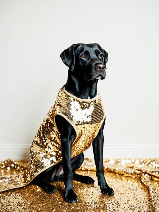 Black Labrador Retriever in Golden Sequin Dress