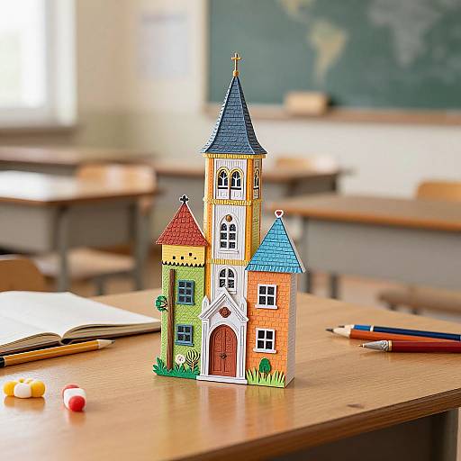 Photograph of colorful, miniature castle model on classroom desk, with open book, pencils, and chalkboard in the background.