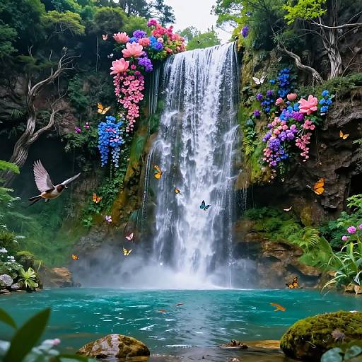 Photograph of a lush waterfall with vibrant pink, blue, and purple flowers cascading down rocky cliffs, surrounded by greenery and colorful butterflies.