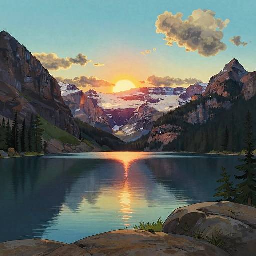 Digital painting of a serene mountain lake at sunset, with snow-capped peaks, reflected water, and a glowing orange sun. Pine trees in foreground,