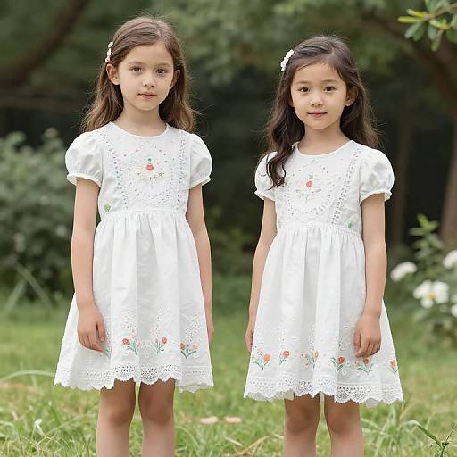 Photograph of two young Asian girls with long black hair, wearing white embroidered dresses, standing in a grassy outdoor setting.