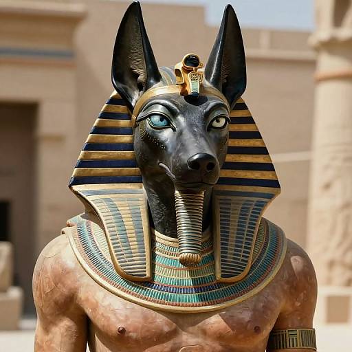 Photograph of a detailed, life-sized statue of an Egyptian Anubis with black jackal head, blue and gold striped headdress, colorful collar