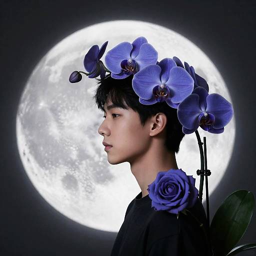 Profile of Young Man with Indigo Orchids and Rose Against Full Moon