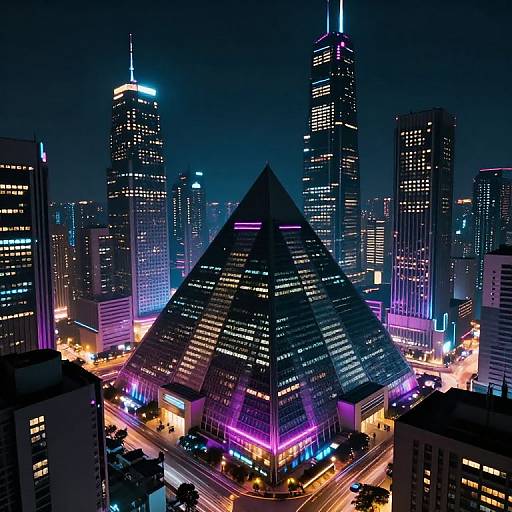 Neon-lit, futuristic cityscape photograph featuring a pyramid-shaped skyscraper surrounded by illuminated high-rises, vibrant purple and blue lights, and bustling