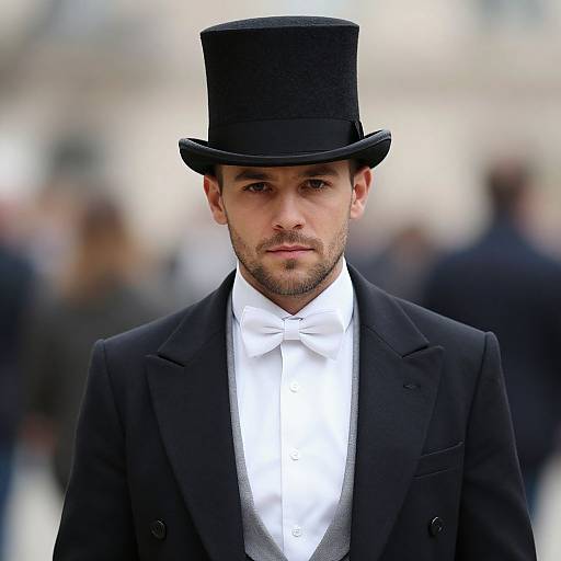 Photograph of a bearded man in a black top hat, white bow tie, and black suit standing in a blurred, outdoor crowd.