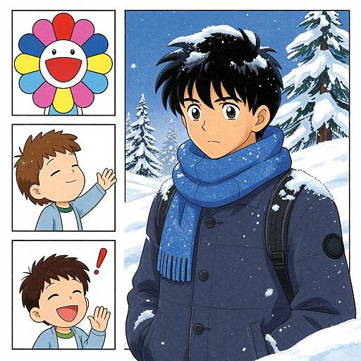 Anime-style digital drawing: Serious black-haired boy in winter coat and blue scarf amidst snow, flanked by three cheerful brown-haired boys, one with a