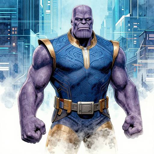 Digital drawing of a muscular, purple-skinned, bald-headed man with a stern expression, wearing a blue, gold-trimmed, sleeveless outfit