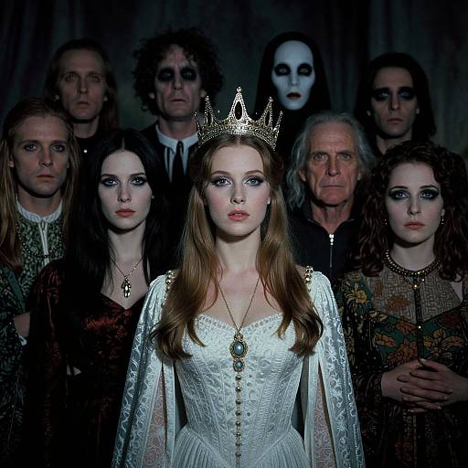 Photograph of a fair-skinned, red-haired woman in a white lace gown and gold crown, flanked by six pale-faced, dark-eyed,