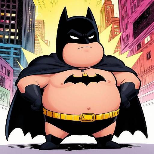 Cartoon-style Batman, chubby, shirtless with black mask, cape, and gloves, standing in a colorful cityscape, yellow lightning behind him.