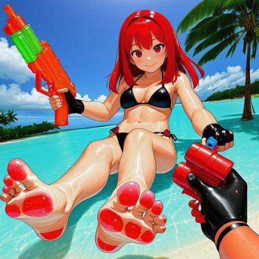 Anime Girl in Bikini with Water Guns at Tropical Beach