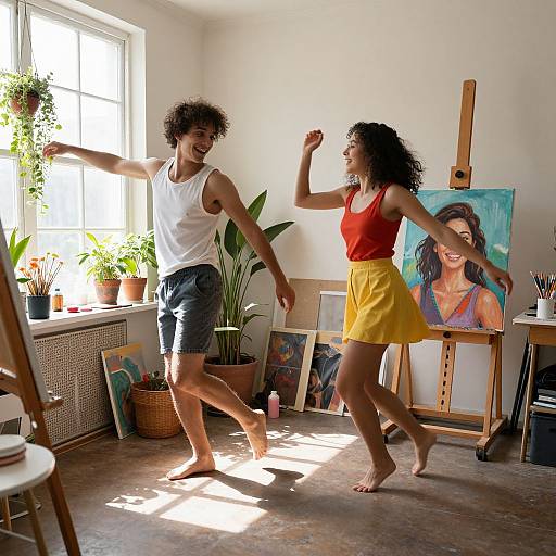 Photograph of two curly-haired young artists, one in white tank top and black shorts, the other in red tank top and yellow skirt, dancing joy