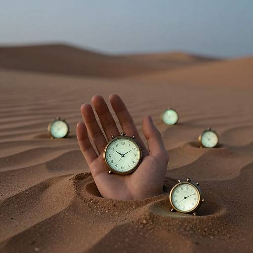 Photograph of a hand with a glowing wristwatch emerging from a desert sand dune, surrounded by five similar glowing watches.