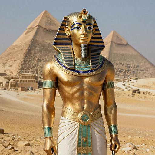 Ancient Egyptian Pharaoh Statue with Pyramids
