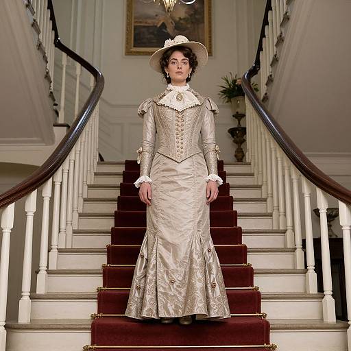 Photograph of a woman in an ornate, Victorian-style silver dress and white bonnet, standing on a grand, carpeted staircase in a luxurious