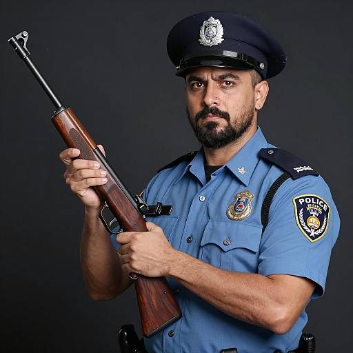 Serious Police Officer with Rifle Portrait