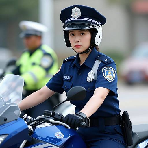 Photograph of an Asian female police officer in uniform, helmet, and gloves, riding a blue police motorcycle, with a blurred background of another officer in