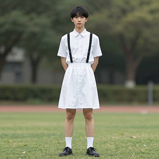 Photograph of a young Asian boy in a white short-sleeve shirt, white dress, black suspenders, white socks, and black shoes,