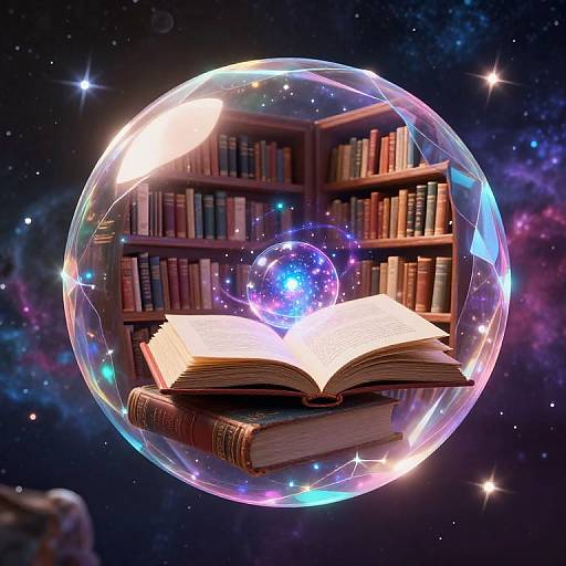 Digital illustration of an open book inside a glowing, iridescent bubble floating in space, with a smaller bubble on top, surrounded by starry background