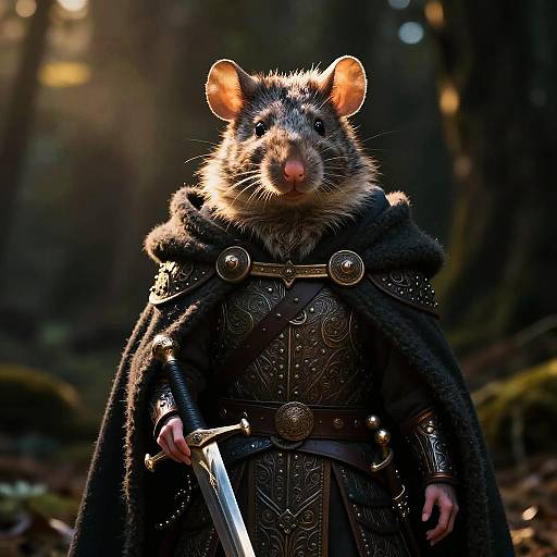 Photograph of a fierce-looking rat in medieval armor with a dark fur cloak, holding a sword, standing in a sunlit forest.