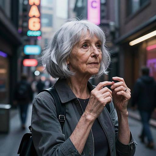 Silver-Haired Elder in Neon Alley