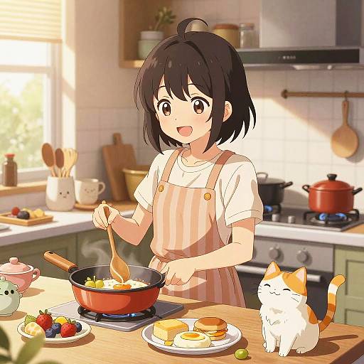 Anime Mom Cooking Breakfast Joyfully