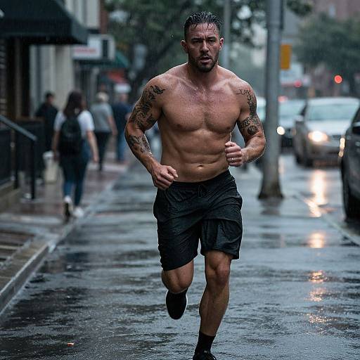 Photograph of a muscular, tattooed, shirtless man with wet dark hair and black shorts running on a rainy urban street. Blurred city lights