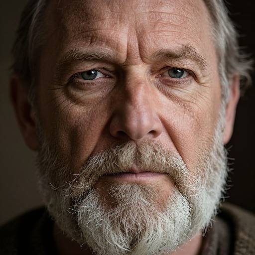 Close-up photograph of an older man with wrinkled skin, gray beard, and blue eyes, looking serious and contemplative. Dark background highlights his facial
