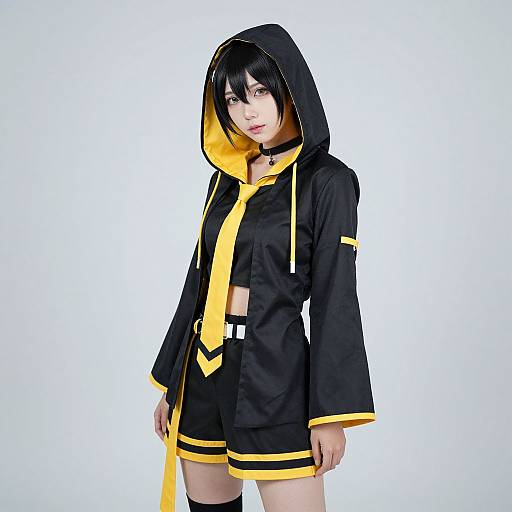 Photograph of a pale-skinned woman with black bob haircut, wearing a black hooded cosplay outfit with yellow accents, against a plain white background.
