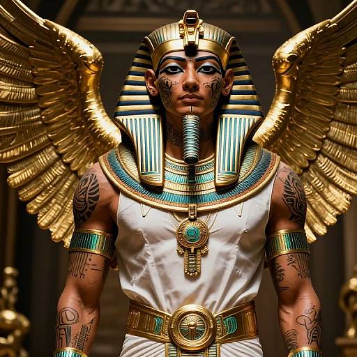Photorealistic digital artwork of an Egyptian pharaoh with golden wings, striped headdress, blue-green jewelry, white tunic, and tattooed arms