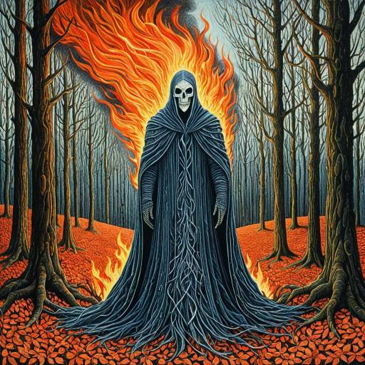 Neo-Impressionist Drawing of a Fiery Wraith in Enchanted Forest