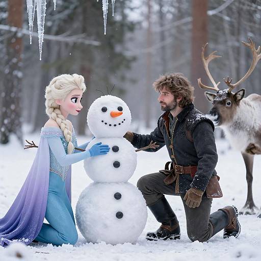 Elsa and Kristoff with Snowman in Forest