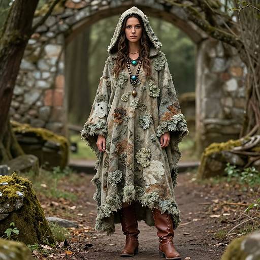 Photograph of a young woman with long brown hair, wearing a green, floral-patterned hooded cloak, brown boots, and a blue necklace,