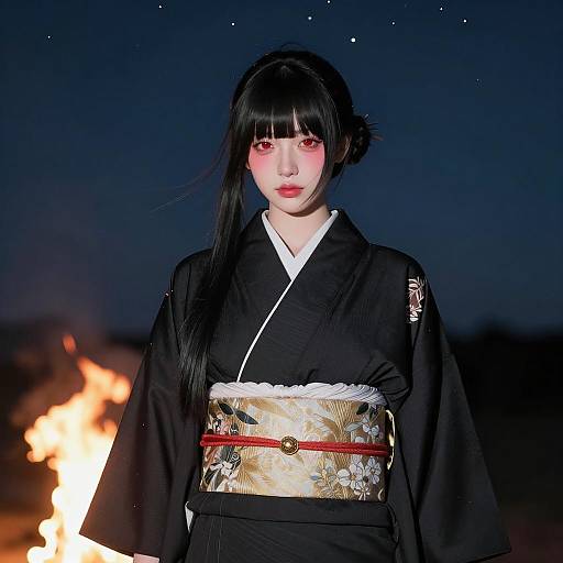 Mystical Girl in Black Kimono at Night