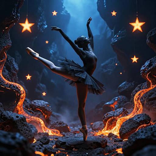 Digital artwork of a silhouetted ballerina in a tutu, mid-leap, surrounded by glowing orange lava, bright stars, and