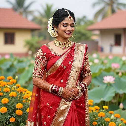 Photograph of a smiling Indian bride in a red and gold saree with intricate embroidery, adorned with jewelry, standing in a vibrant garden with marig