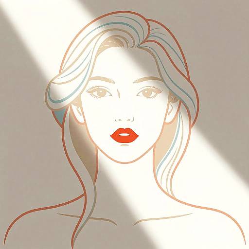 Minimalist digital drawing of a woman with flowing hair, bright red lips, and white face, outlined in red, with a diagonal light beam.