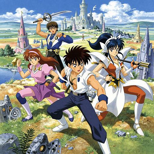 Anime-style drawing of four warriors in battle stances, with medieval castle and vibrant landscape in the background, wielding swords and holding weapons. Bright colors,