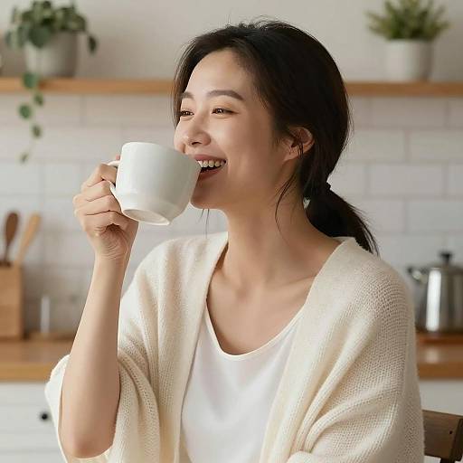 Smiling Asian Woman Drinking Coffee