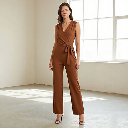 Photograph of a confident woman with dark, wavy hair wearing a sleeveless, brown, wrap-front jumpsuit and black high-heeled sandals,