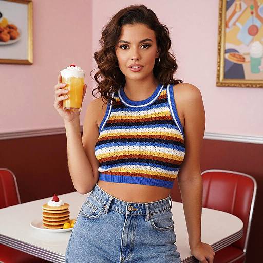 Photograph of a woman with curly dark hair, wearing a striped sleeveless top and blue jeans, holding a milkshake in a retro diner with red