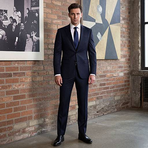 Photograph of a serious, attractive, dark-haired man in a black pinstripe suit, white shirt, and black tie, standing against a brick