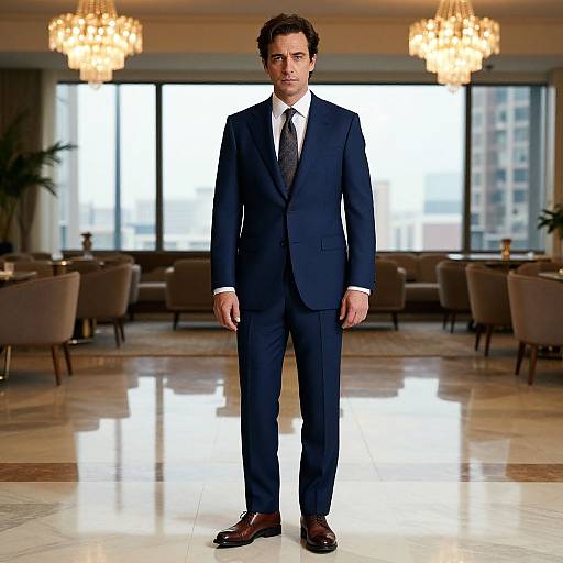 Photograph of a handsome man in a dark blue suit, white shirt, and black tie, standing in a luxurious, well-lit lobby with ch