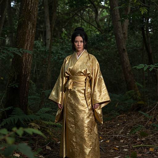 Photograph of an Asian woman in a shiny, gold kimono standing in a dark, dense forest, her expression calm and composed.