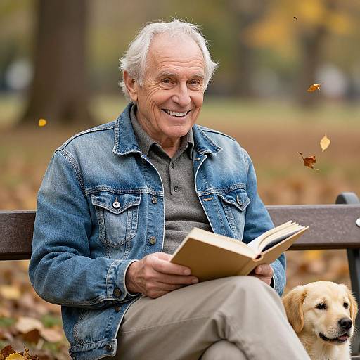 Photograph of an elderly white man with white hair, smiling, wearing a blue denim jacket, grey shirt, and beige pants, reading a book on