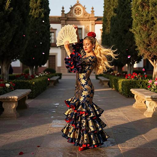 Photograph of a blonde woman in a black, gold-patterned, ruffled flamenco dress, red shoes, and red flower hairpiece, holding