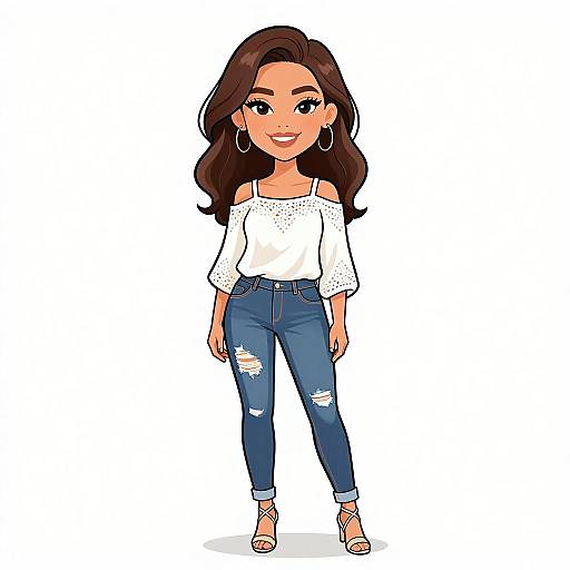 Digital cartoon of a smiling young woman with long brown hair, wearing a white off-shoulder top, ripped blue jeans, and sandals, standing against