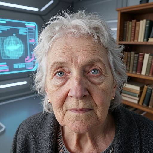 Photograph of an elderly woman with white curly hair, blue eyes, and wrinkled skin, wearing a dark sweater, in a futuristic room with a